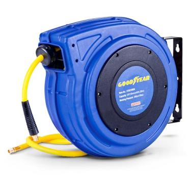 Imagem de Goodyear Carretel De Mangueira De Ar Retrátil Premium Commercial Flex Hybrid Polymer Mangueira Max 300 Psi Serviço Pesado Com Mola De Construção Em Polipropileno C/Lead-In Mangueira E PVC Handle