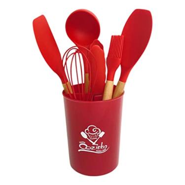 Imagem de Kit Utensílios Cozinha Silicone Cabo Madeira 7 pçs VERMELHO