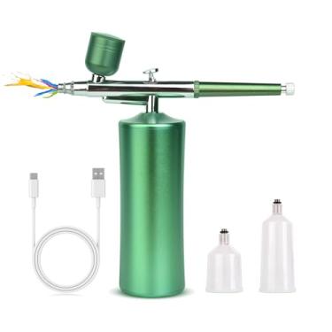 Imagem de siyuwuro Kit de aerógrafo com compressor recarregável, sem fio, bocal de 0,3 mm, conjunto de aerógrafo portátil ajustável para arte de unhas, maquiagem, pintura, decoração de bolo, verde