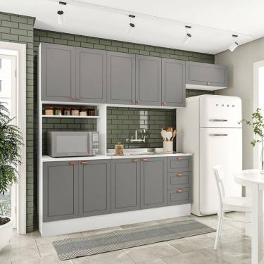 Imagem de Cozinha Pérola com Rodapé 4 Peças Paneleiro/torre Quente Aéreo 3 Portas Balcão 120 e Basculante Yesc Branco/Cinza