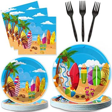 Imagem de Conjunto de utensílios de mesa, 100 peças, tema surfe na praia, artigos de festa, jantar, sobremesa, pratos de papel, guardanapos, garfos para o verão, sol, piscina, surfe, luau, churrasco, aniversário, piquenique, jantar, decoração, prato, serve 25 unidades