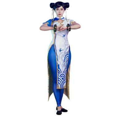 Imagem de Micotaku Street Fighter 6 Fantasia feminina oficialmente licenciada Slim Fit Chun-Li Cosplay conjunto completo de fantasia de Halloween, Azul, P