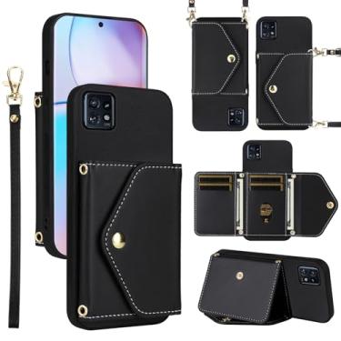 Imagem de Dswteny Capa carteira para Motorola Edge+ Plus 2023/Edge 40 Pro 5G/Moto X40 com cordão de pulso alça de ombro fina bolsa flip, suporte para cartão de crédito de couro PU para X + mulheres homens preto