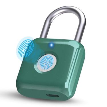 Imagem de Pothunder Cadeado de impressão digital, fechadura de impressão digital sem chave de metal inteligente, impermeável, recarregável por USB, para academia, escola, bagagem, mochila, mala, verde