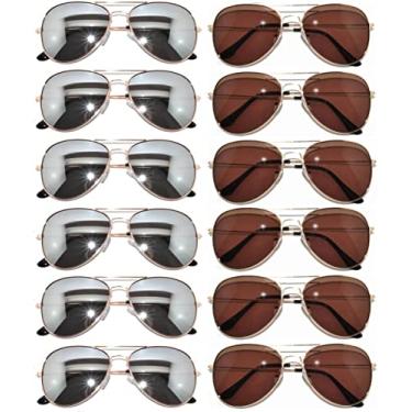 Imagem de OWL Pacote com 12 óculos de sol aviador lentes espelhadas, óculos femininos masculinos por atacado com armação preta, prata, ouro, Espelhado dourado, marrom dourado