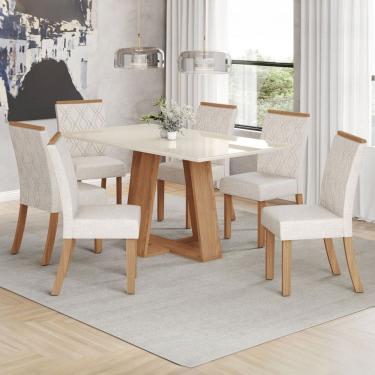 Imagem de Conjunto Sala de Jantar Lins 160 Cm Canto Reto com Vidro 6 Cadeiras Natural/Off White e Linho
