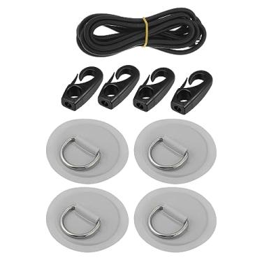 Imagem de X AUTOHAUX 4 peças 8 cm cinza D anel remendo PVC aço inoxidável forma redonda D conjunto de almofadas de anel para barco inflável caiaque canoa deck com ganchos de corda de 2,5 m
