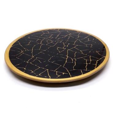 Imagem de Bandeja Lavabo Sala em Vidro Craquelado Preto e Dourado 15cm - Flash