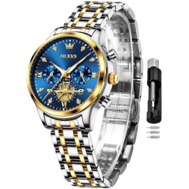 Imagem de OLEVS Relógio feminino multifuncional em dois tons, moderno, analógico, quartzo, feminino, aço inoxidável, à prova d'água, diamante, para mulheres, relógio azul feminino 2897, relógio feminino