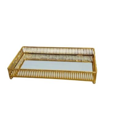 Imagem de Bandeja Decorativa de Luxo com Espelho em Metal, Retangular, para Banheiro, Lavabo ou Multiuso (Grelha Dourado)