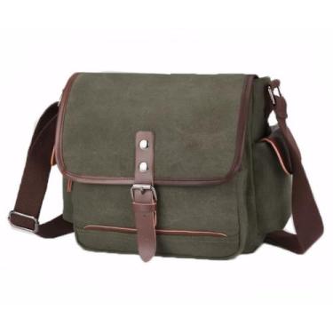 Imagem de Bolsa mensageiro masculina casual de lona transversal com vários bolsos, Verde militar, 26cm*30cm*14cm.