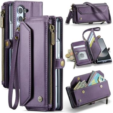 Imagem de Dteck Capa para Samsung Galaxy Z Fold 4 (2022) - Capa flip portátil de couro PU com alça de ombro transversal e alça de pulso e suporte de caneta Stylus e função de carteira/suporte, roxo
