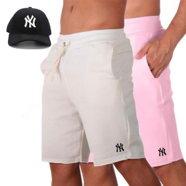 Imagem de Kit 2 Short Praia Bermuda Masculina Moletom Treino Cordao Ajustavel Bolsos Com Bone Aba Pre Curvada