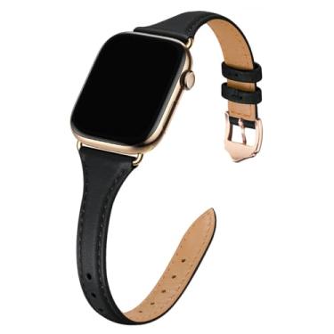 Imagem de WFEAGL Pulseiras de Couro Compatíveis com Apple Watch 38mm 40mm 41mm, Pulseira Fina de Couro de Grão Superior para iWatch Série 8/7/SE/6/5/4/3/2/1 - Preto/Adaptador Ouro