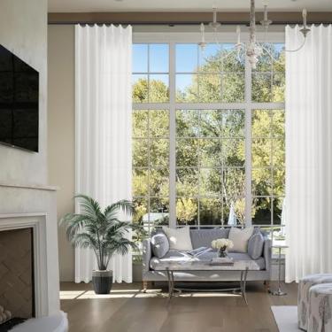 Imagem de Cortinas de linho branco plissadas extralongas de 500 cm de comprimento para sala de estar, teto alto, filtro de luz, semitransparente, plissado, com ganchos, argolas, abas traseiras, cortinas de