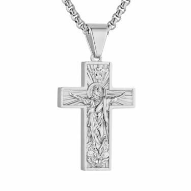 Imagem de HZMAN Colar com cruz de Jesus para homens e mulheres, pingente de cruz retrô de aço inoxidável, joia de fé cristã, presente, Aço inoxidável, Sem Pedra Preciosa