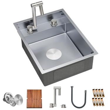 Imagem de TORVA Pia de cozinha para trailer, pia de barra de montagem inferior de 40,6 x 53,8 x 17,8 cm, aço inoxidável calibre 16 com placa de corte dobrável, cinza