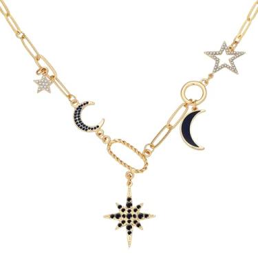 Imagem de BONJOULRY Colar com pingente feminino dourado olho turco sol lua flor pingente colar delicado clipe de papel vintage sorte amuleto gargantilha colares joias celestiais, 19.30 inches, Latão, liga