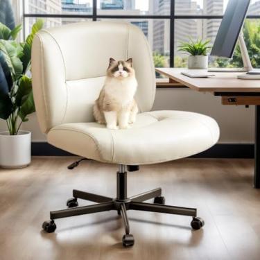 Imagem de Marsail Cadeira cruzada com rodas, cadeira de escritório de couro PVC resistente a arranhões, cadeira de escritório larga no meio das costas confortável sem braços, cadeira de computador de vaidade