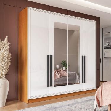 Imagem de Guarda-Roupa Casal Valência 4 Portas 4 Gavetas com Espelho Freijó/Branco - Politorno