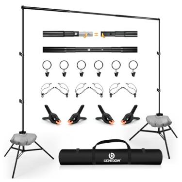 Imagem de Lightdow Kit de suporte retrátil de 3 x 2,7 m - suporte de fundo de estúdio fotográfico com 2 tripés, 6 clipes, 2 barras transversais, 4 braçadeiras, sacos de água, bolsa de transporte - perfeito para