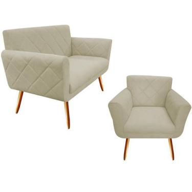 Imagem de Kit Namoradeira + 1 Poltrona Decorativa Sabrina Suede Bege Pés Madeira