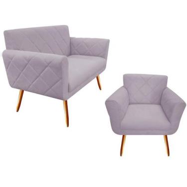 Imagem de Kit Namoradeira + 1 Poltrona Decorativa Sabrina Suede Rosê Pés Madeira