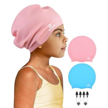 Imagem de Pacote com 2 toucas de natação extra grandes para cabelos longos e grossos, touca de natação de silicone impermeável para crianças, crianças, meninas, meninos, bonés de natação duráveis para tranças,