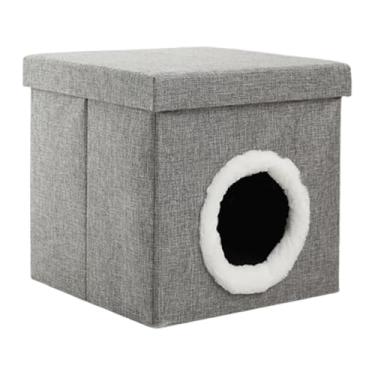 Imagem de Baoblaze Casa para gatos de interior, condomínio para gatos, semi-fechado, acessórios confortáveis ​​para animais de estimação, cama quadrada cinza dobrável