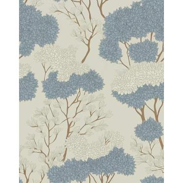 Imagem de PODUFF Papel de parede de árvore descasque e cole papel de parede moderno azul e branco papel de parede de vinil autoadesivo para decoração de casa 45 x 599 cm