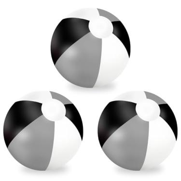 Imagem de Whaline 3 bolas de praia infláveis de 40,6 cm, bolas redondas de PVC, brinquedos fofos para o verão, tema tropical havaiano, decoração de festa na praia (preto e cinza)