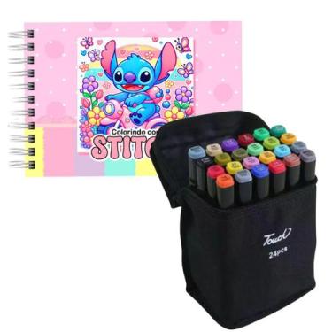 Imagem de Kit 24 Canetinhas Ponta Dupla + Livro Stitch Capa Dura - Aqui tem Guri