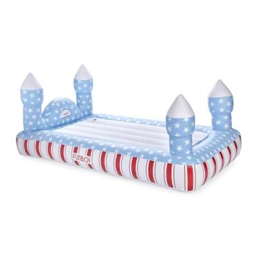 Imagem de FUNBOY Colchão inflável para cama e ar castelo vermelho, branco e azul – Perfeito para festas do pijama de 4 de julho, inclui colchão de ar duplo e bolsa de armazenamento de transporte