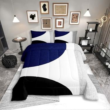 Imagem de Erosebridal Conjunto de edredom Queen abstrato azul marinho, preto e branco, boêmio, círculo, geométrico, com linhas listradas, arte moderna, aquarela criativa, conjunto de cama e edredom