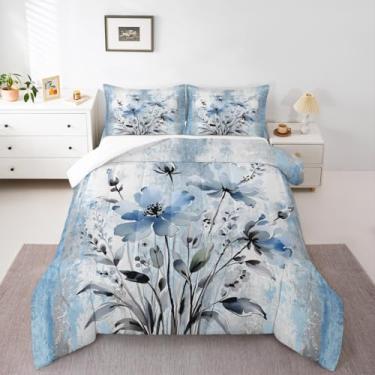 Imagem de Conjunto de edredom King Size com pintura a óleo abstrata macia azul turquesa cinza e branco - edredom rústico para meninas, adultos, aquarela, floral, edredom com tema de madeira, decoração de quarto