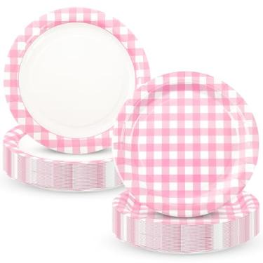 Imagem de Houuqe 48 peças de pratos de festa de guingão rosa 18 cm, pratos de sobremesa xadrez xadrez descartáveis, prato de papel rosa e branco para outono, piquenique, churrasco, aniversário, verão, jantar