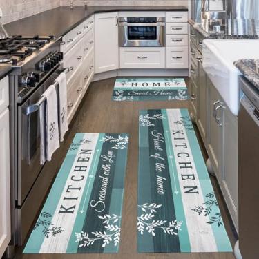 Imagem de Conjunto de 3 peças de tapetes de cozinha azul-petróleo com corredor, turquesa boho folhas florais tapete de chão de cozinha tapete azul-petróleo decoração de cozinha e acessórios para casa