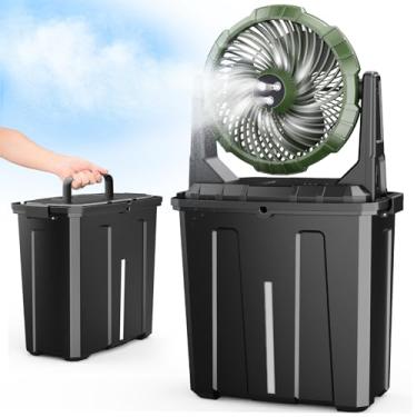 Imagem de Ausic Ventoinha portátil de nebulização – Balde de 9L, ventiladores externos de 25,4 cm para pátios/acampamento/praia/golfe, etc., ventilador de resfriamento de água de piso recarregável por USB de
