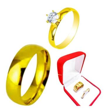 Imagem de Aliança Compromisso Dourada 8mm + Anel Anatomico Solitario 2mm Pedra Z