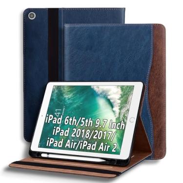 Imagem de TIPOYOROOS Capa para iPad 6ª/5ª geração, iPad de 9,7 polegadas, 2018/2017/iPad Air/iPad Air 2, capa inteligente com bolso e suporte para lápis, couro PU para Apple iPad 9.7 Business com compartimento