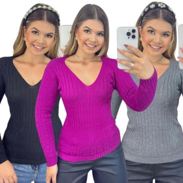 Imagem de Kit 3 Blusas Vih Triny Femininas Suéter Malha Tricô Manga Longa-Feminino