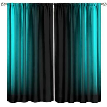 Imagem de Cortinas ombré abstratas, azul-petróleo e preto, geométrico, ombré, padrão boêmio, design gradiente, moderno, estampa abstrata, quarto, sala de estar, bolso para varão, cortinas de janela, 2 painéis L