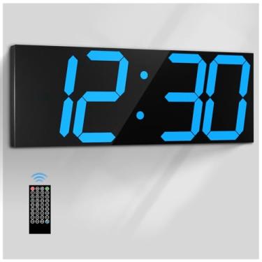 Imagem de CHKOSDA Relógio de parede digital grande de 47,5 cm, relógio digital de LED com grande número, relógio de parede multifuncional com controle remoto com temporizador, alarme e visor de calendário (azul