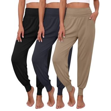 Imagem de Ficerd Pacote com 3 calças de moletom femininas confortáveis e soltas para ioga com bolsos e bolsos, Preto, cinza escuro, mocha, G