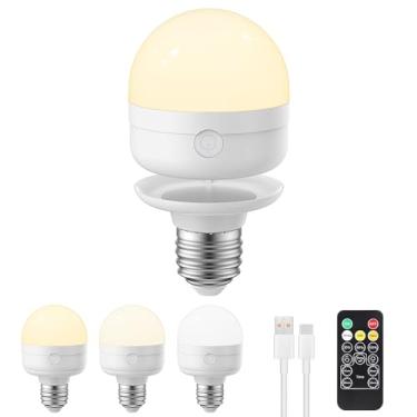 Imagem de Lâmpada recarregável com controle remoto - E26 1 pacote 5W 350LM lâmpada LED destacável regulável, 3 opções de temperatura de cor e 3 temporizadores, lâmpadas magnéticas operadas por bateria de 2000