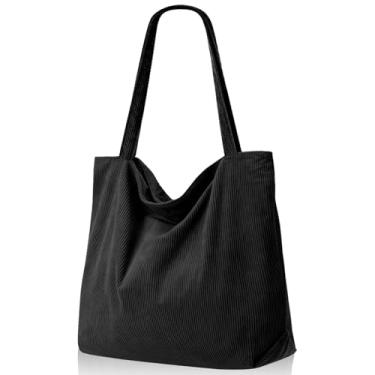 Imagem de RAINFLOW Bolsa feminina de veludo cotelê - Bolsa de lona com zíper, 3 bolsos internos, bolsas de ombro casuais de grande capacidade para trabalho, viagem, escola, compras diárias