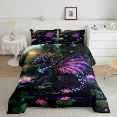 Imagem de Feelyou Conjunto de edredom solteiro com dragão, para meninos e meninas, adolescentes, vida selvagem, flor de lótus, conjunto de edredom para decoração de quarto, verde e roxo