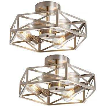 Imagem de WYNEYET Pacote com 2 luminárias perto de teto, luz de teto embutida com gaiola de 3 luzes, 14,5 polegadas de níquel escovado com montagem semiembutida para casa, quarto, lavanderia, corredor, cozinha