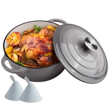 Imagem de Ferro fundido esmaltado para forno holandês de 4,5 litros com tampa - alças duplas grandes - Seguro para forno até 260 °C - Panela redonda clássica para cozinhar versátil cinza claro