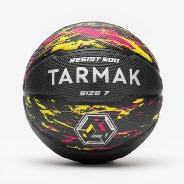 Imagem de Bola de Basquete, Tarmak R500, Tamanho 7, Preta com Detalhes em Rosa e Amarelo